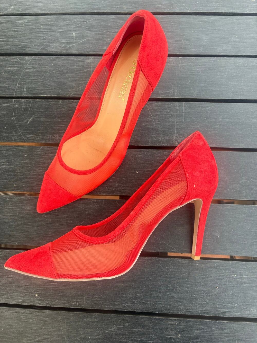 Shoe Dazzle Red Mesh Pointed Toe Heels Size 10 Glam Party Night Out